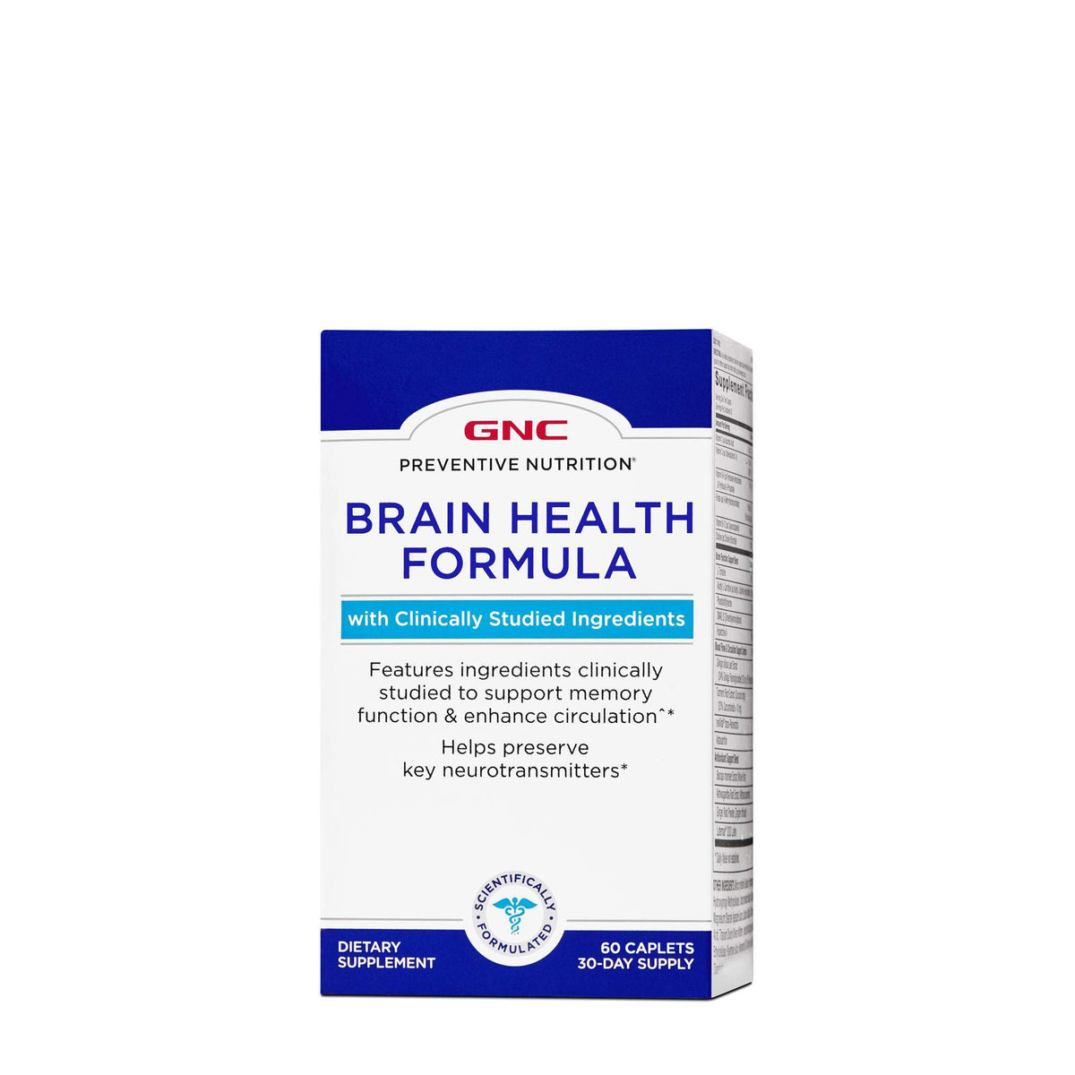 GNC Brain Health Formula bottle front showing caplets for memory support