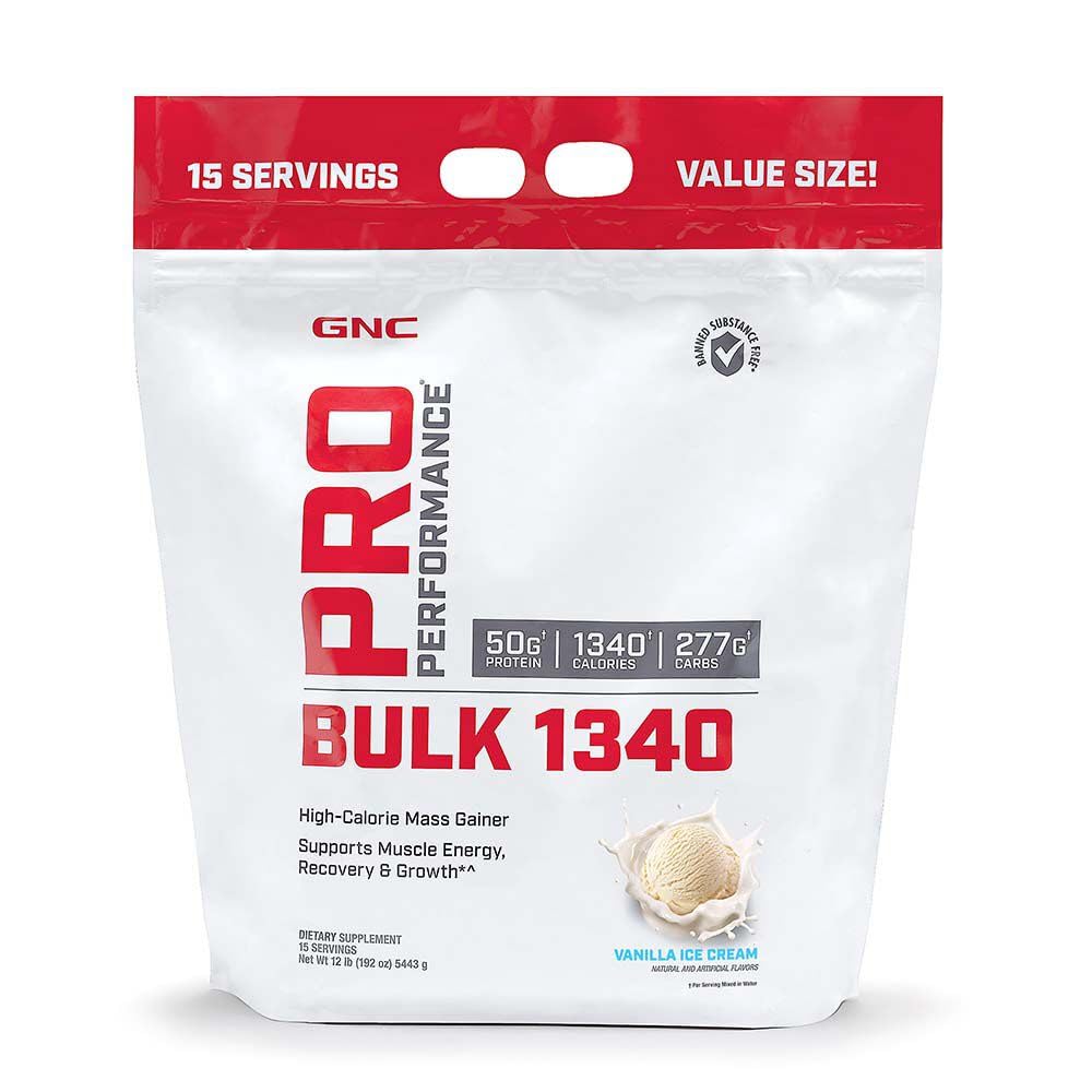 GNC Bulk 1340 mass gainer bottle in vanilla ice cream flavor supports muscle growth potential.