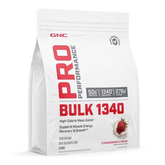 GNC Bulk 1340 tub with strawberries and cream for mass-building shakes.