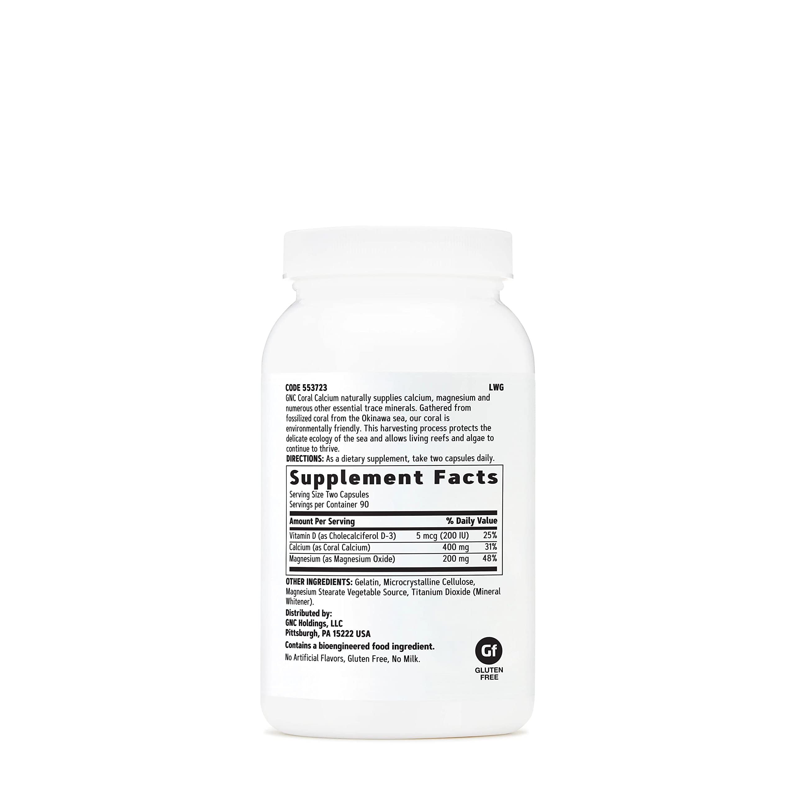Close-up of GNC Coral Calcium 400mg bottle label highlighting vitamin D-3 for bone support