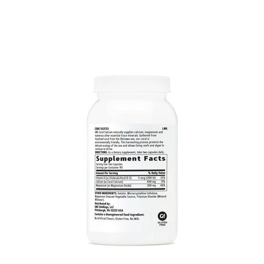 Close-up of GNC Coral Calcium 400mg bottle label highlighting vitamin D-3 for bone support