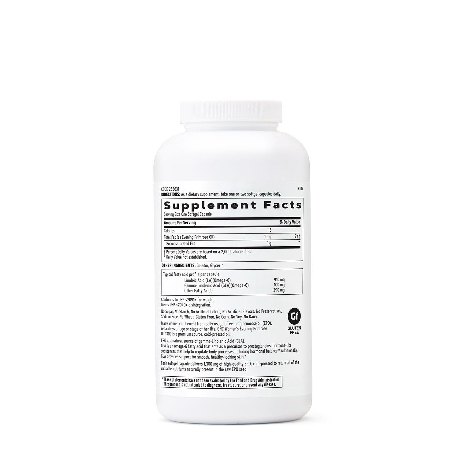 GNC Evening Primrose Oil bottle cap showing daily softgel dosage and accessibility.