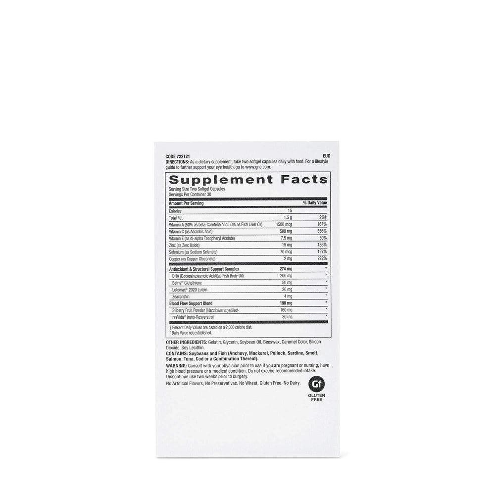 GNC Eye Health Formula bottle label closeup highlights premium ingredients for daily eye support.