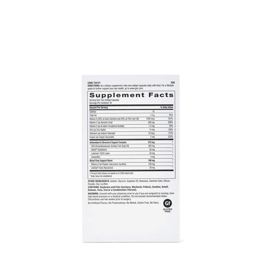 GNC Eye Health Formula bottle label closeup highlights premium ingredients for daily eye support.
