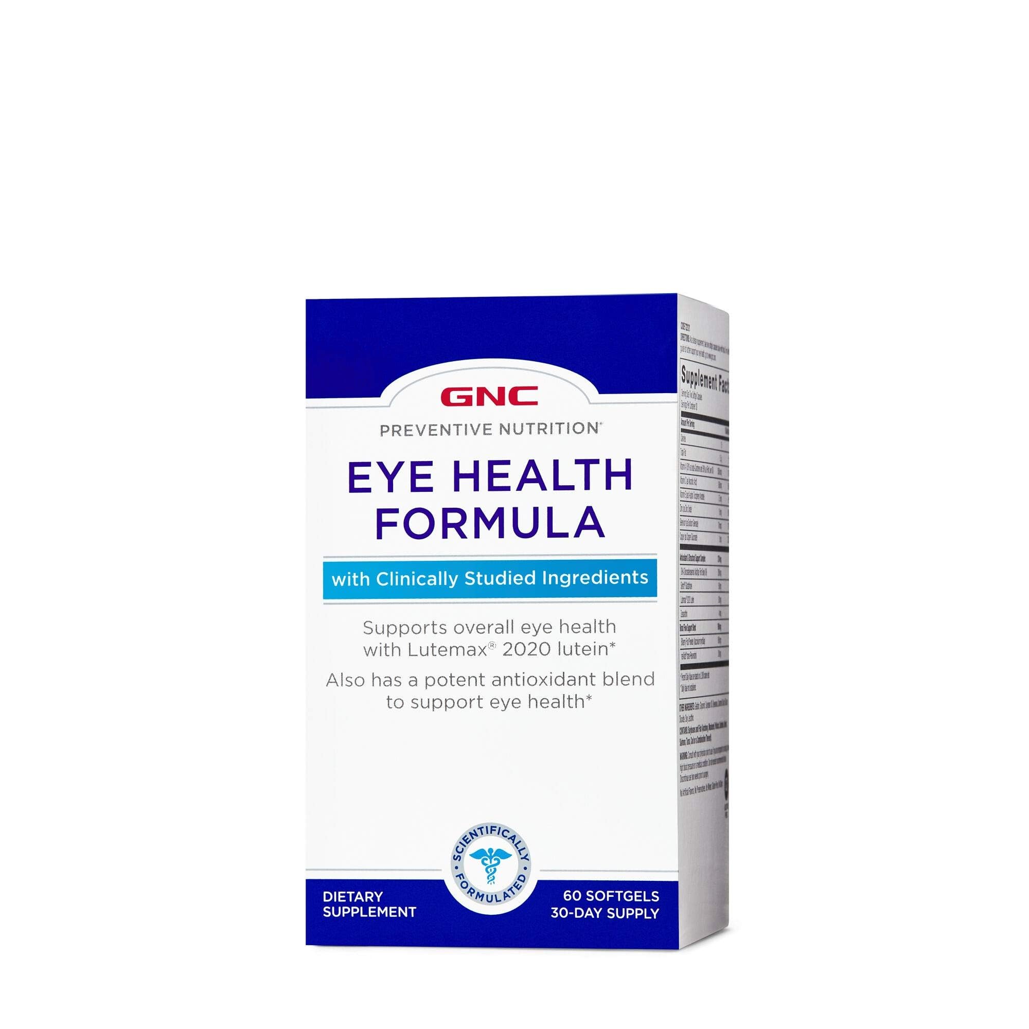 GNC Eye Health Formula bottle front shows Lutemax 2020 lutein for eye support.