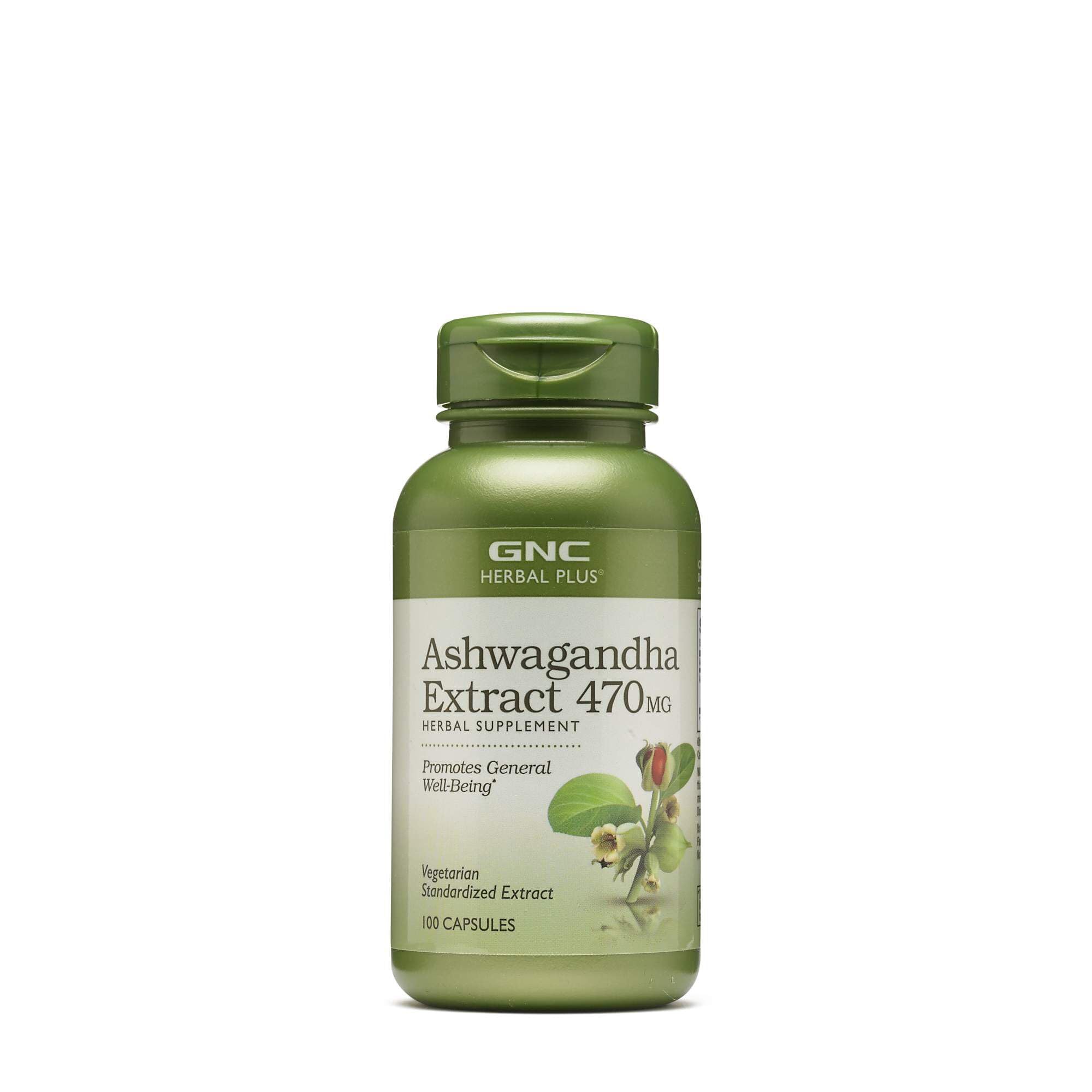 GNC Herbal Plus Ashwagandha Extract 470mg bottle promoting general well-being.