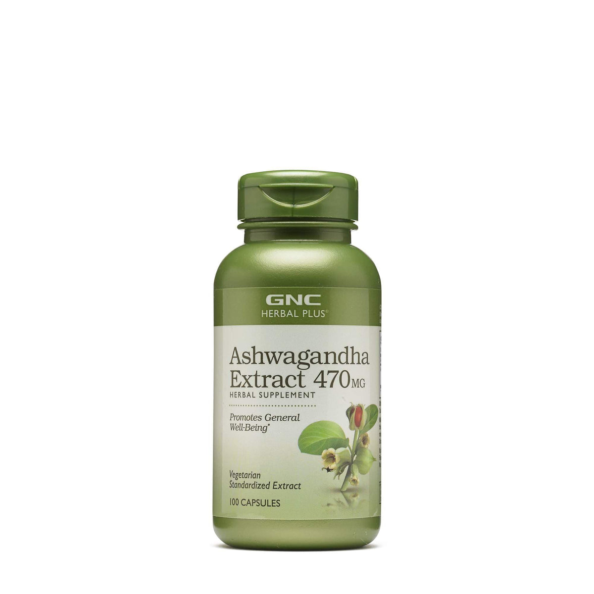 GNC Herbal Plus Ashwagandha Extract 470mg bottle promoting general well-being.