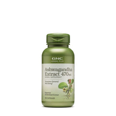GNC Herbal Plus Ashwagandha Extract 470mg bottle promoting general well-being.