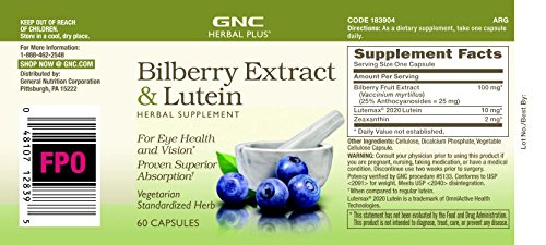 GNC Herbal Plus bilberry-lutein capsules ready for daily use.