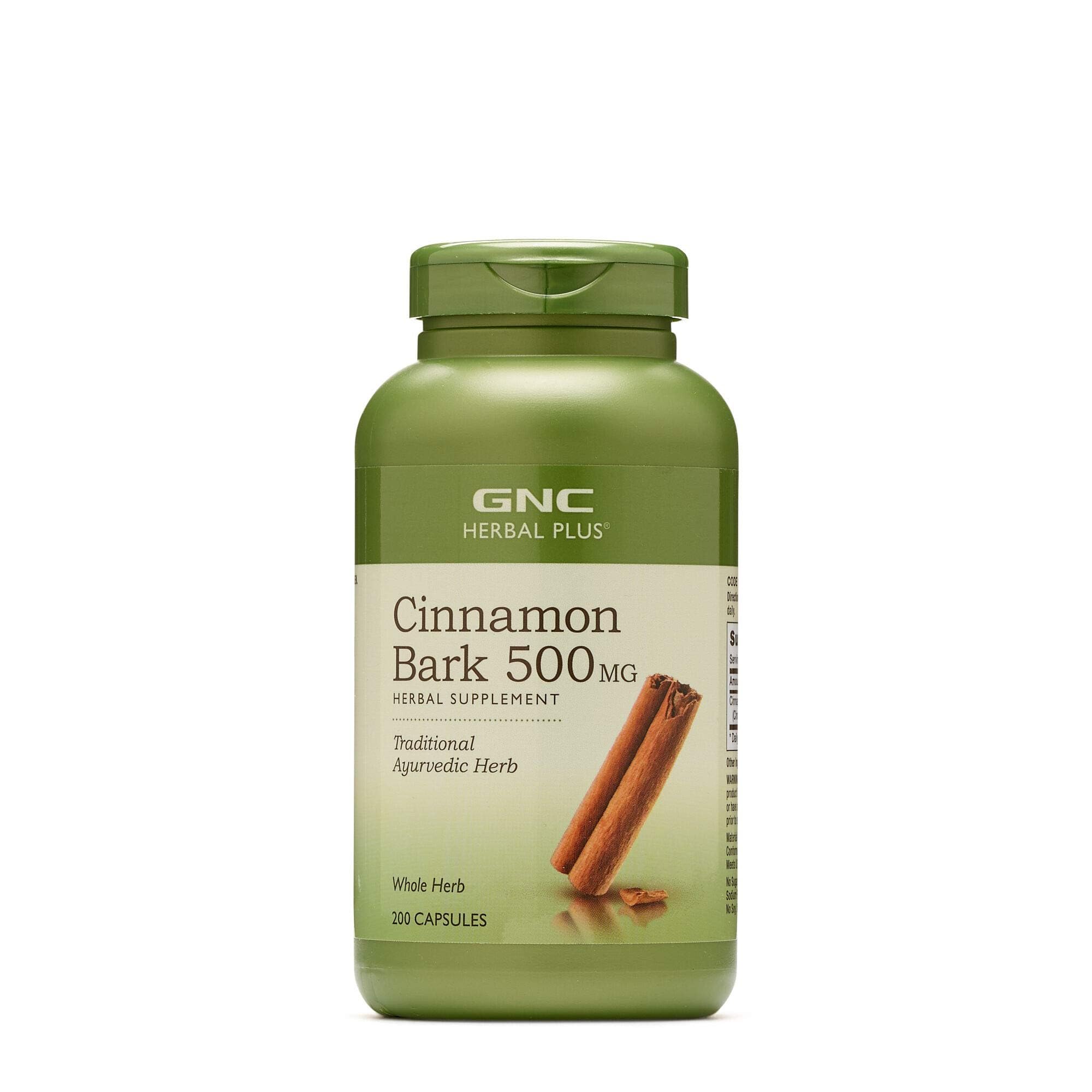 GNC Herbal Plus Cinnamon Bark 500mg bottle for daily wellness support.