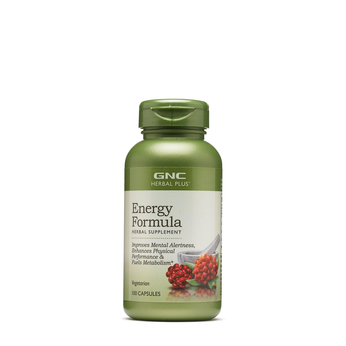 GNC Herbal Plus Energy Formula bottle front highlighting a blend for daily focus.