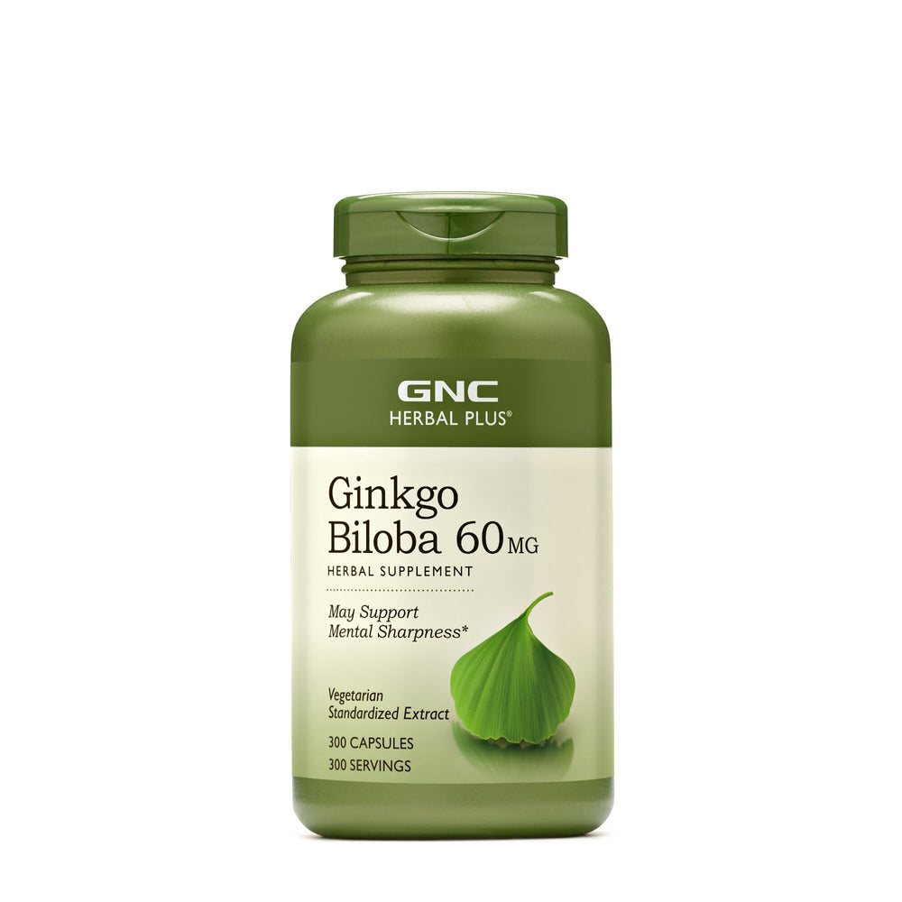 GNC Herbal Plus Ginkgo Biloba 60mg bottle front view supports daily focus.