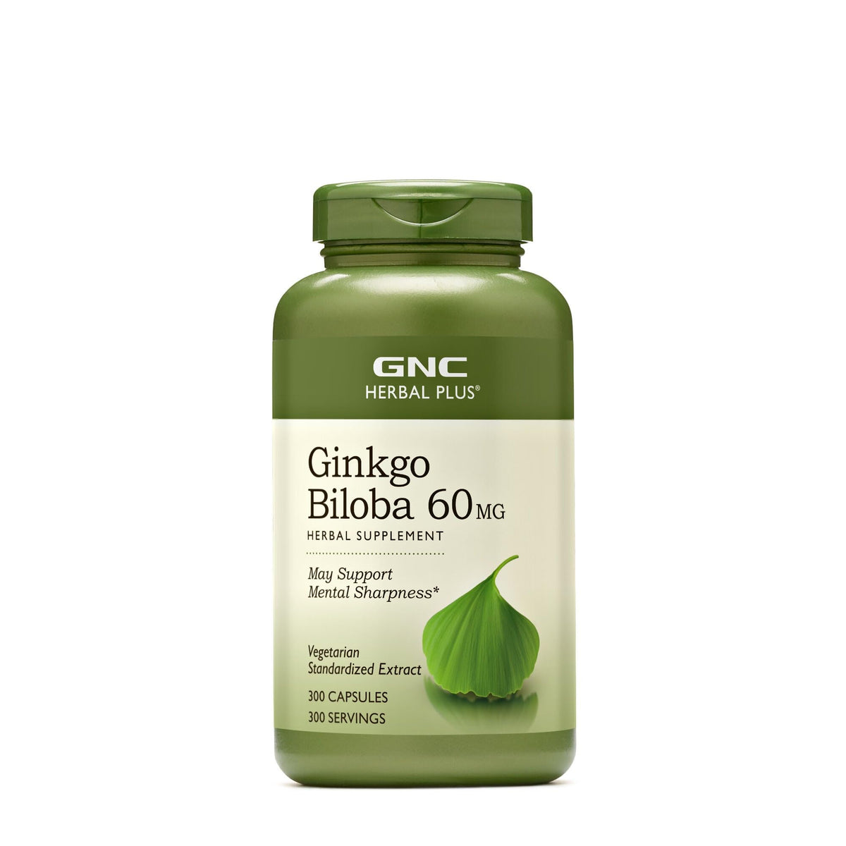 GNC Herbal Plus Ginkgo Biloba 60mg bottle front view supports daily focus.