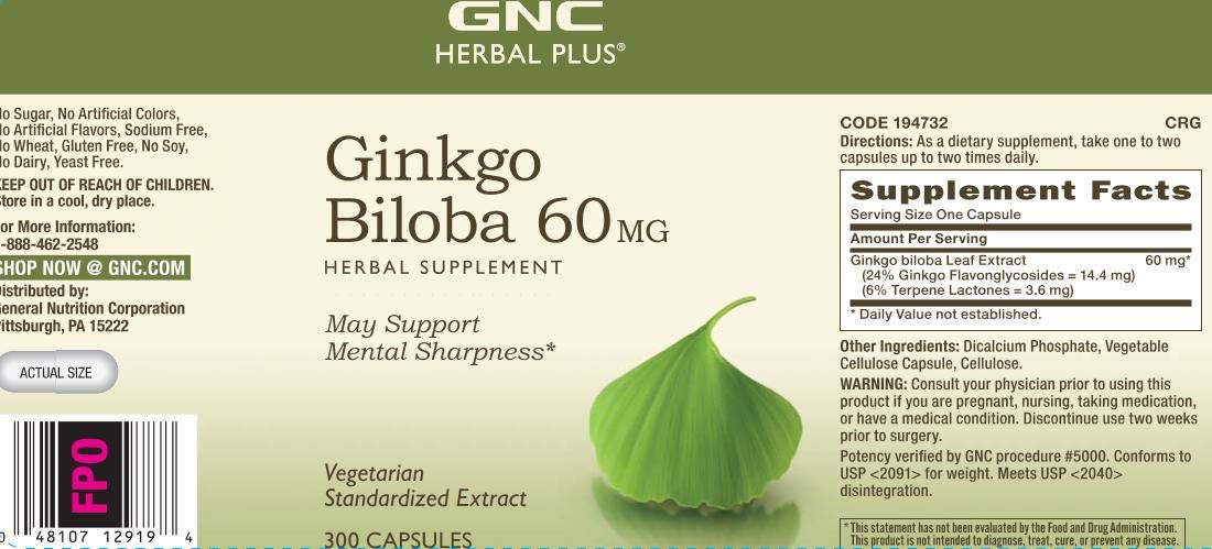 GNC Herbal Plus Ginkgo Biloba is vegetarian and gluten-free.