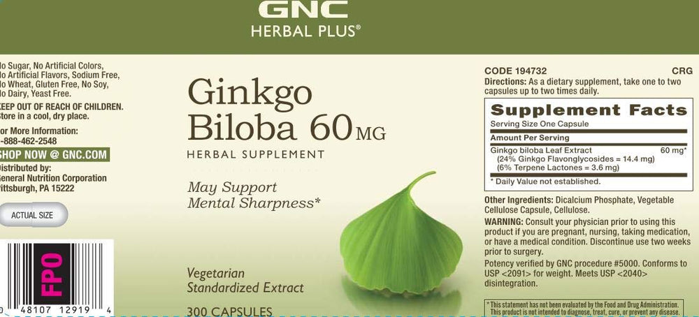 GNC Herbal Plus Ginkgo Biloba is vegetarian and gluten-free.