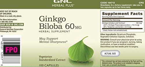 GNC Herbal Plus Ginkgo Biloba ingredients with flavonoids and terpenoids for antioxidant support.