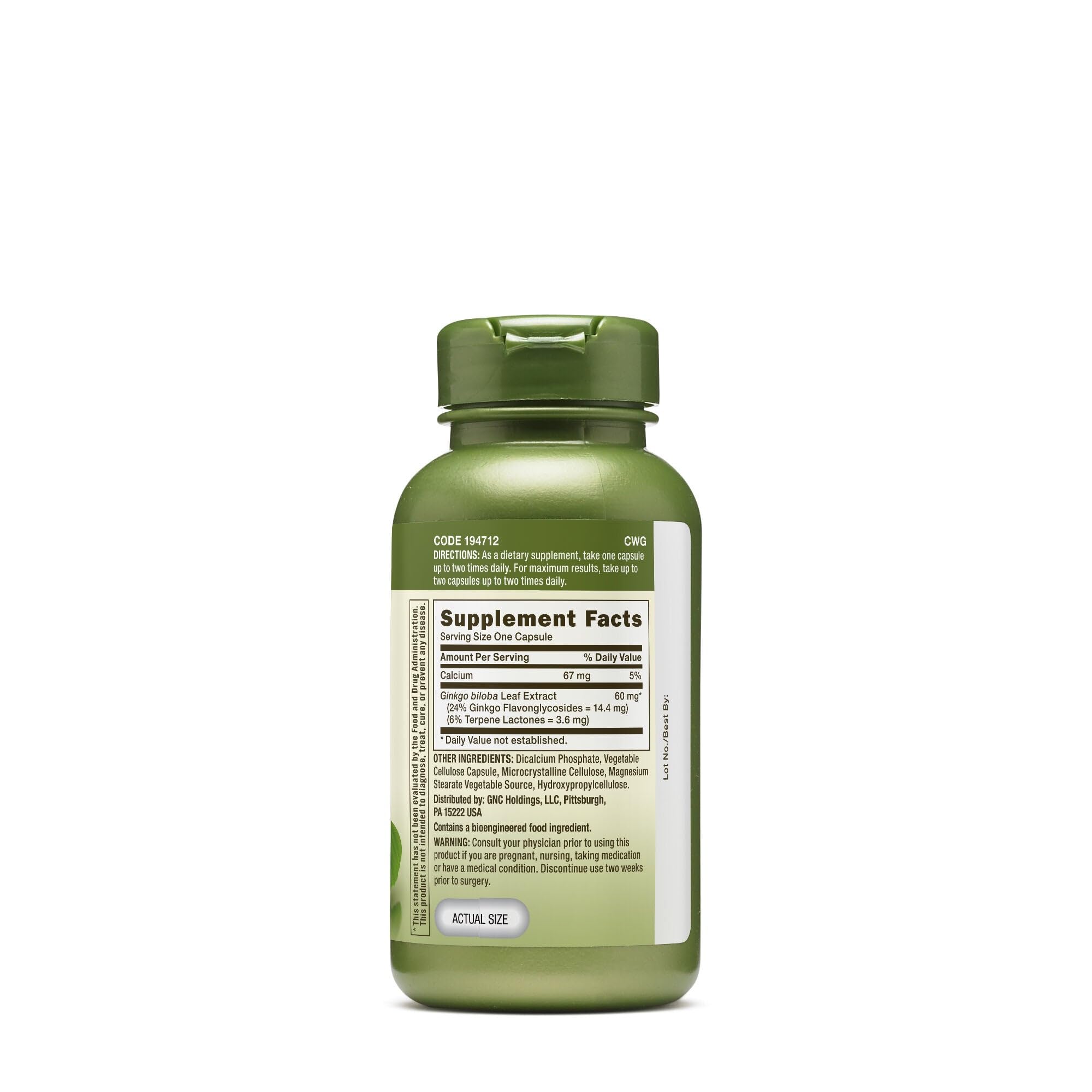 GNC Herbal Plus Ginkgo Biloba vegetarian capsules for clean plant-based supplementation.