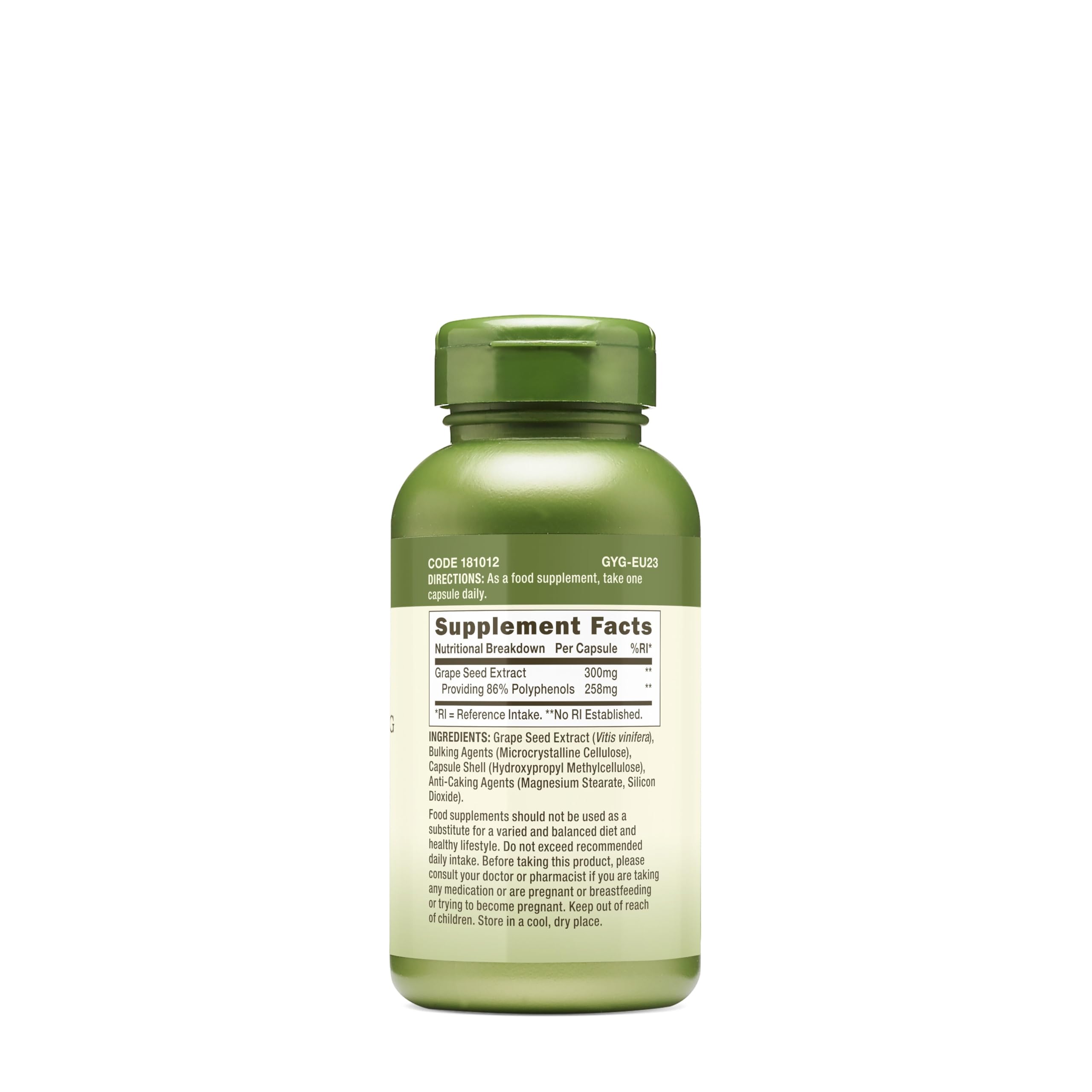 GNC Herbal Plus grape seed extract bottle back shows nutrition facts.