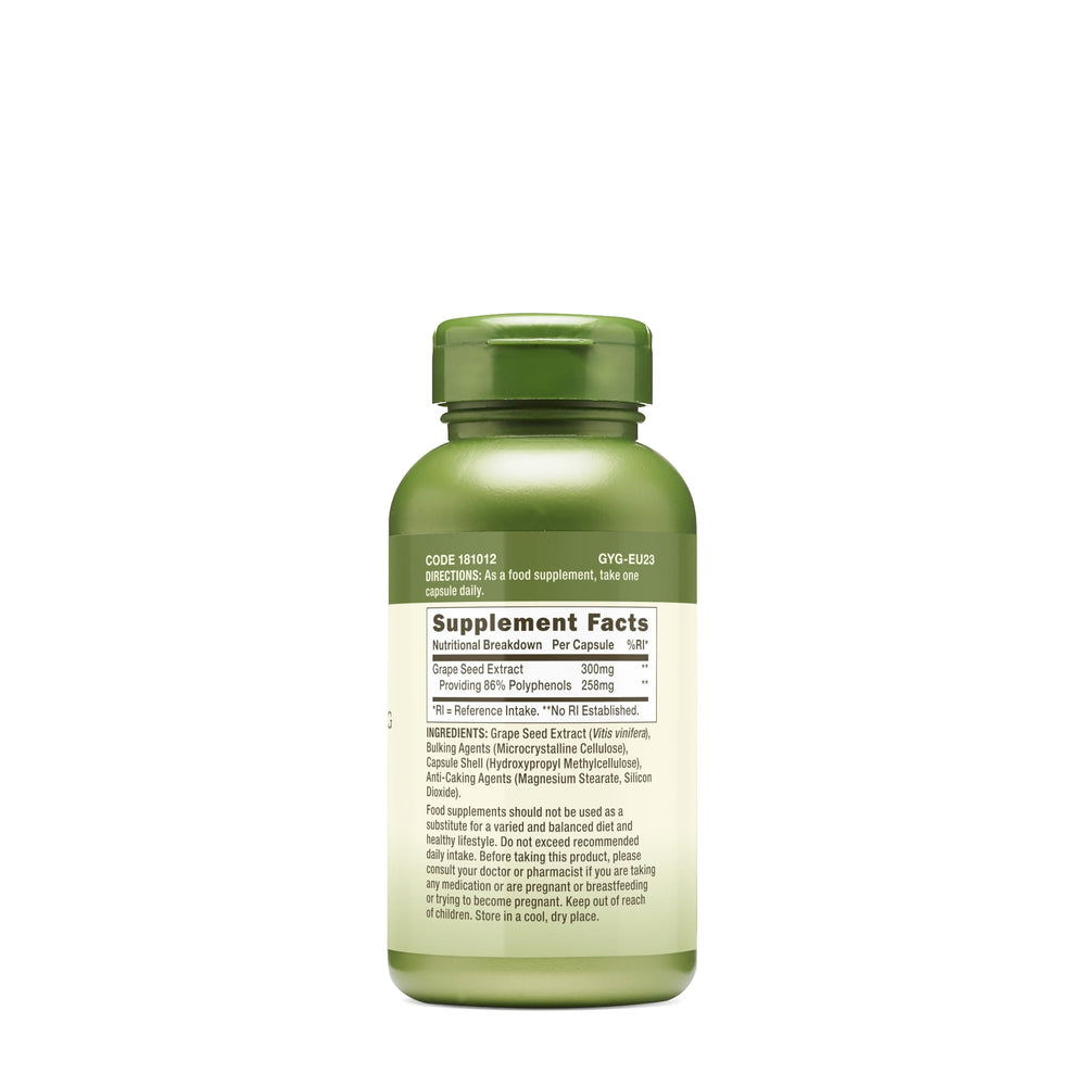 GNC Herbal Plus grape seed extract bottle back shows nutrition facts.