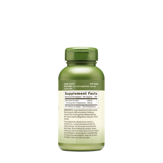 GNC Herbal Plus grape seed extract bottle back shows nutrition facts.