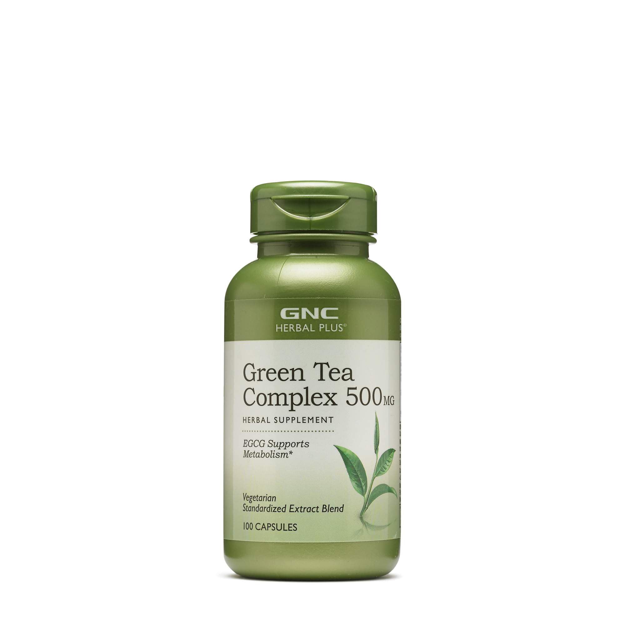 GNC Herbal Plus Green Tea Complex bottle front suggests daily metabolism support