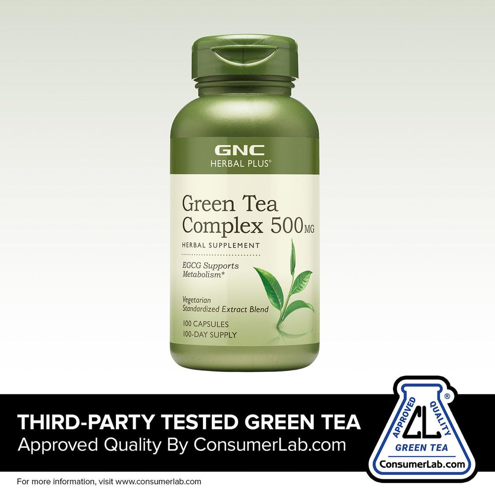 GNC Herbal Plus Green Tea Complex capsules close-up for convenient daily use