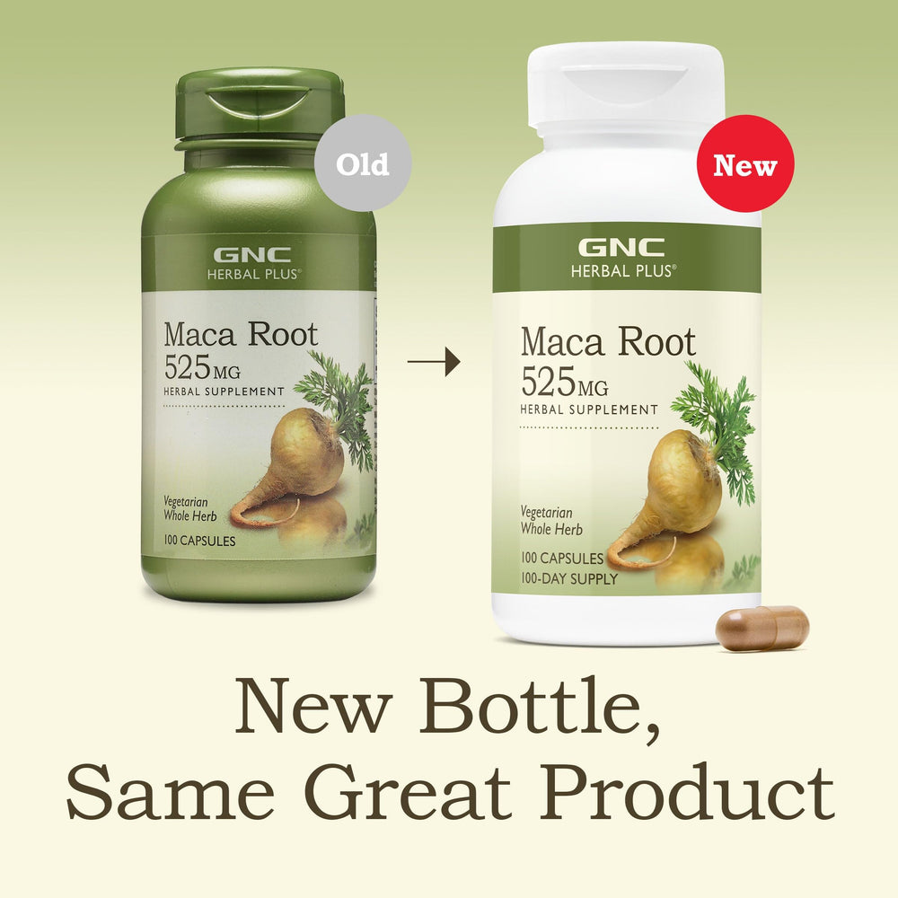 GNC Maca Root 525mg nutrition label shows gluten-free, dairy-free ingredients.
