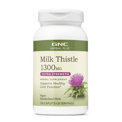 GNC Herbal Plus Milk Thistle 1300mg bottle for daily liver support.