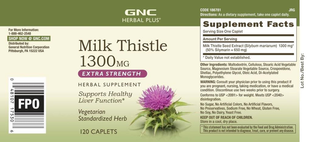 GNC Herbal Plus Milk Thistle 1300mg caplets ready for daily use.