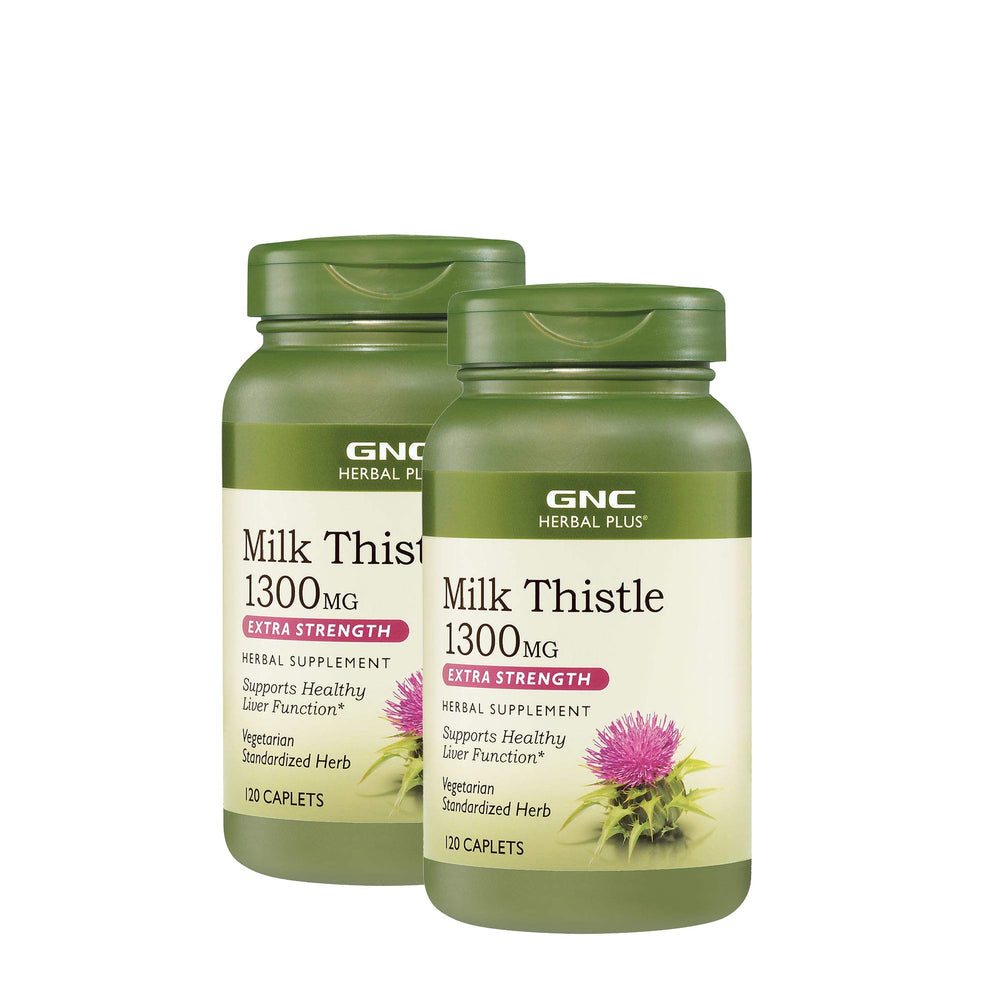 GNC Herbal Plus Milk Thistle 1300mg bottle front for daily liver support.