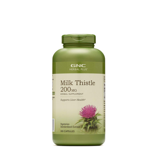 GNC Herbal Plus Milk Thistle bottle front with extra strength formula for liver support.