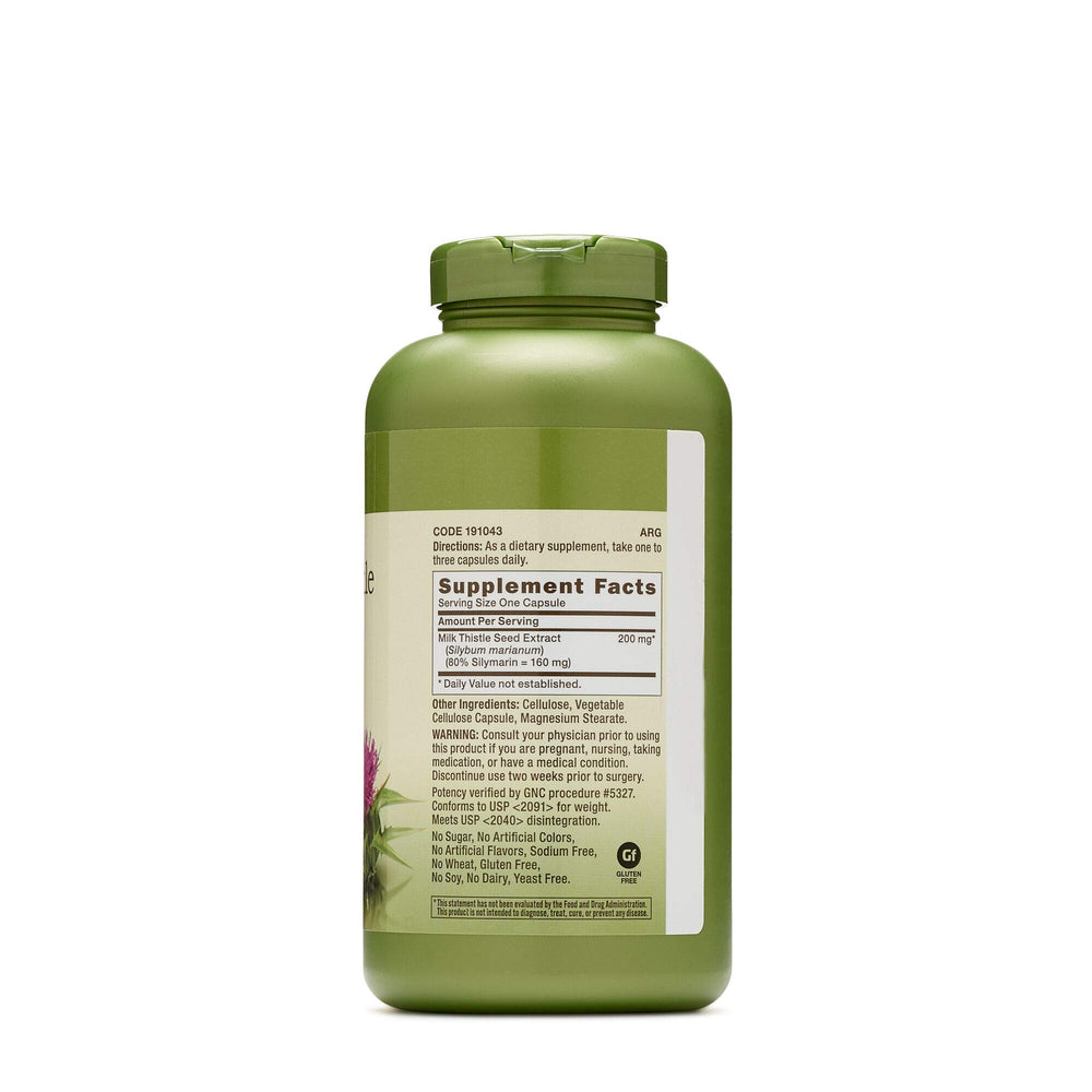 GNC Herbal Plus Milk Thistle bottle label highlights ingredients and vegetarian formula.