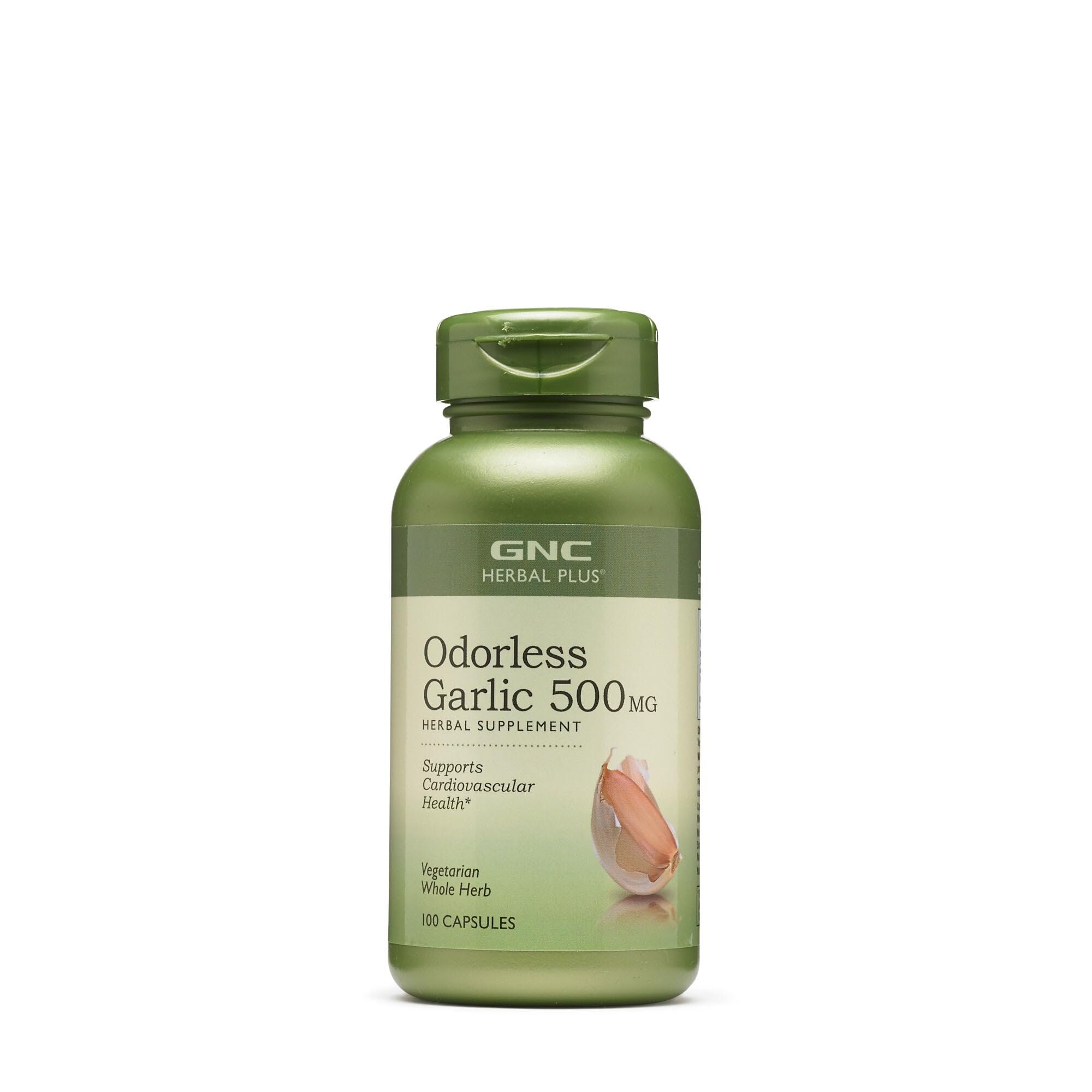 GNC Herbal Plus Odorless Garlic 500mg bottle for daily heart-support routines.