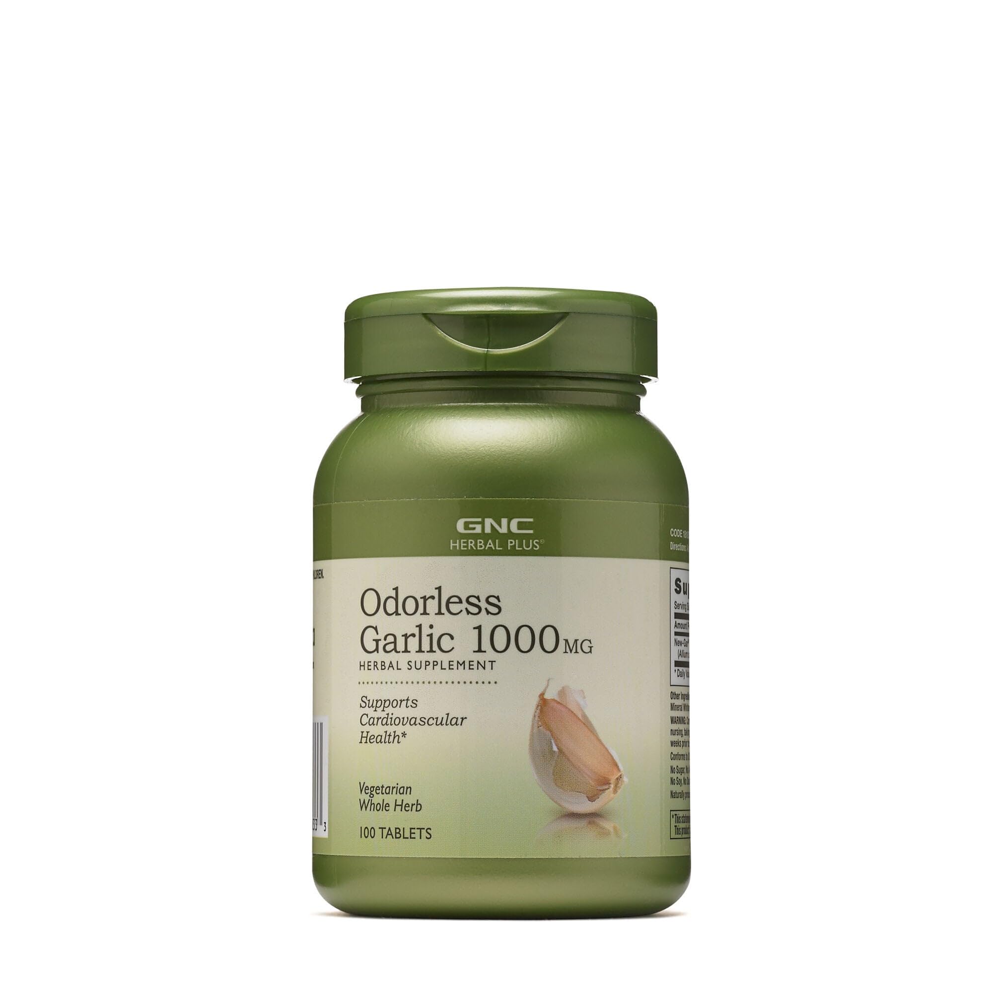 GNC Herbal Plus Odorless Garlic 1000mg tablets, 100-count bottle for daily cardiovascular support