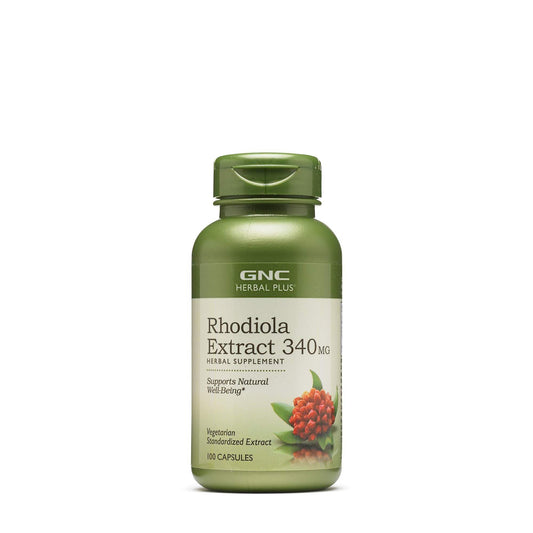 GNC Herbal Plus Rhodiola Extract bottle showing 340 mg formula for natural well-being