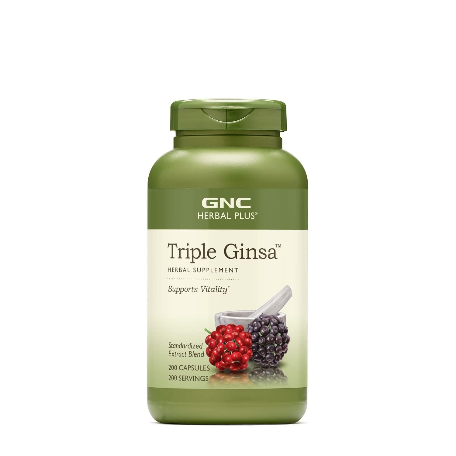 GNC Herbal Plus Triple Ginsa bottle on a clean surface, promoting daily vitality