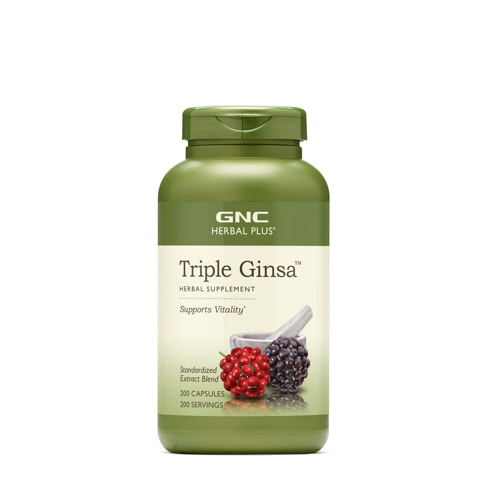 GNC Herbal Plus Triple Ginsa bottle on a clean surface, promoting daily vitality