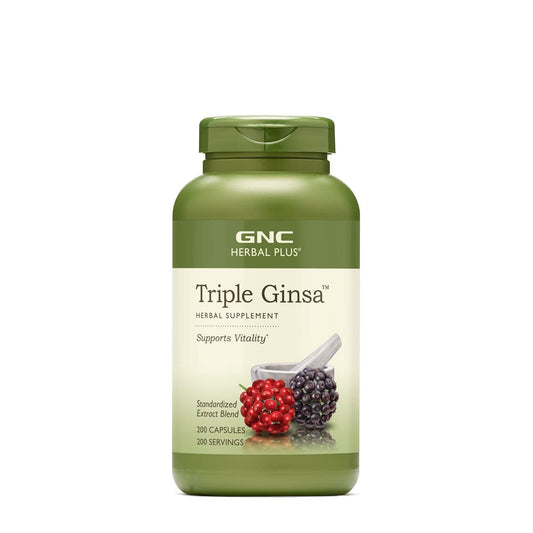 GNC Herbal Plus Triple Ginsa bottle on a clean surface, promoting daily vitality