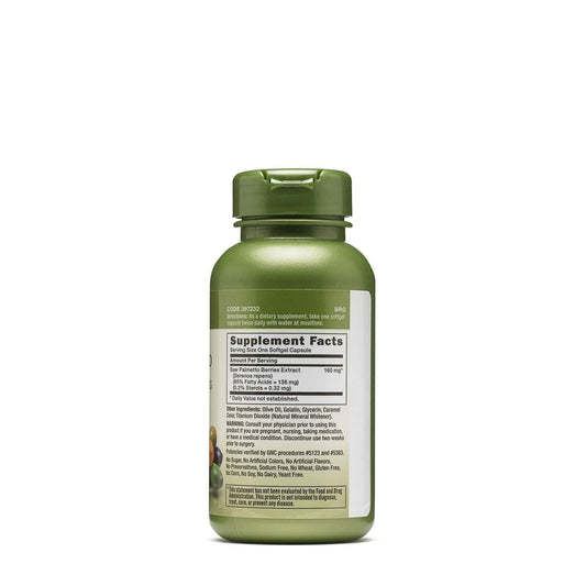 GNC saw palmetto capsules closeup highlighting vegetarian, allergen-free supplement for daily support.