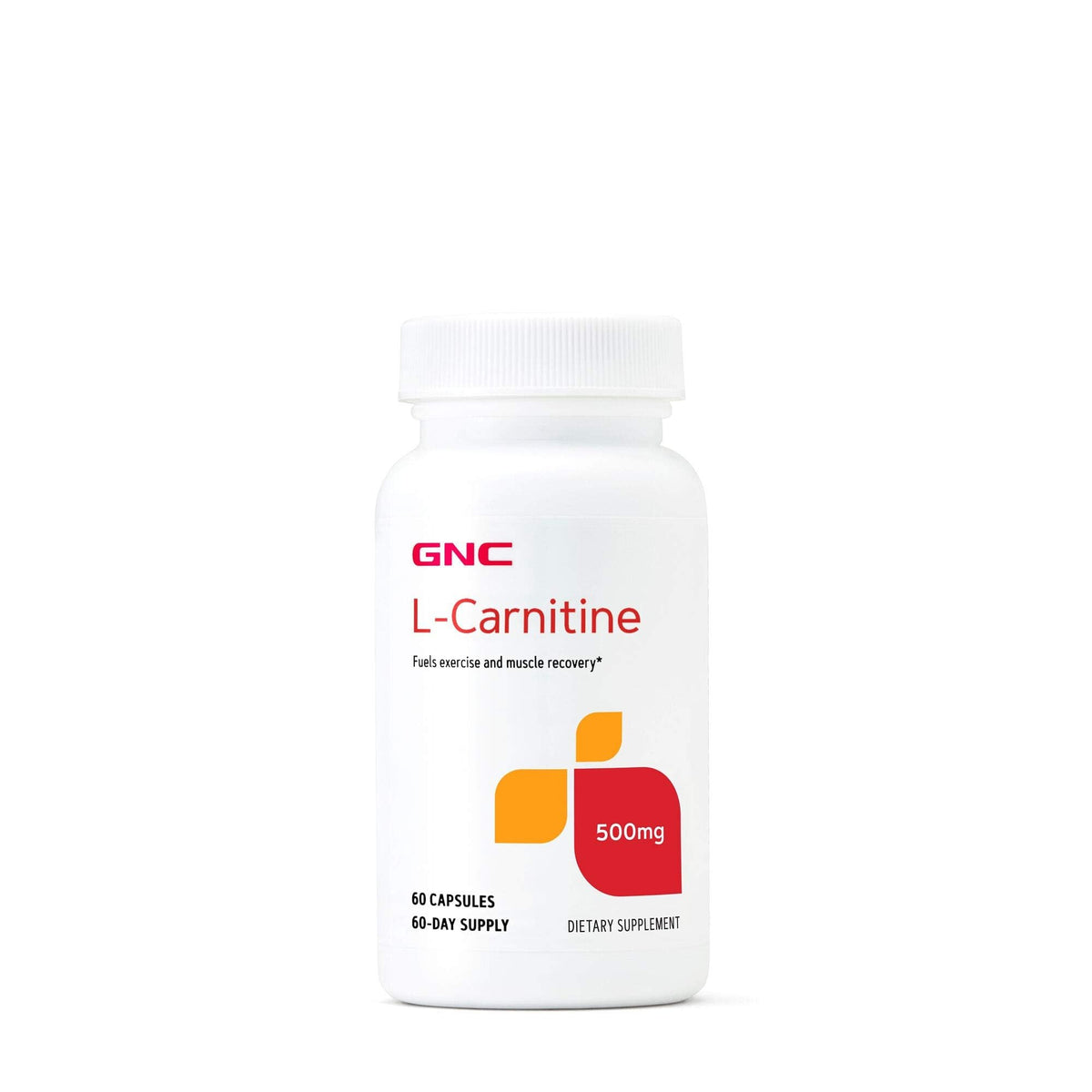 GNC L-Carnitine 500mg bottle label, supports easy daily metabolism for workouts.