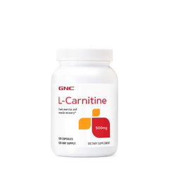 GNC L-Carnitine 500mg capsules bottle for daily energy metabolism.