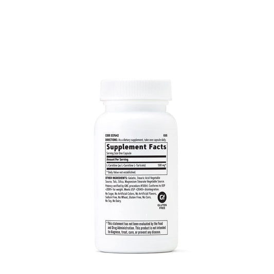 GNC L-Carnitine 500mg capsules front, simple daily supplement for recovery after training.