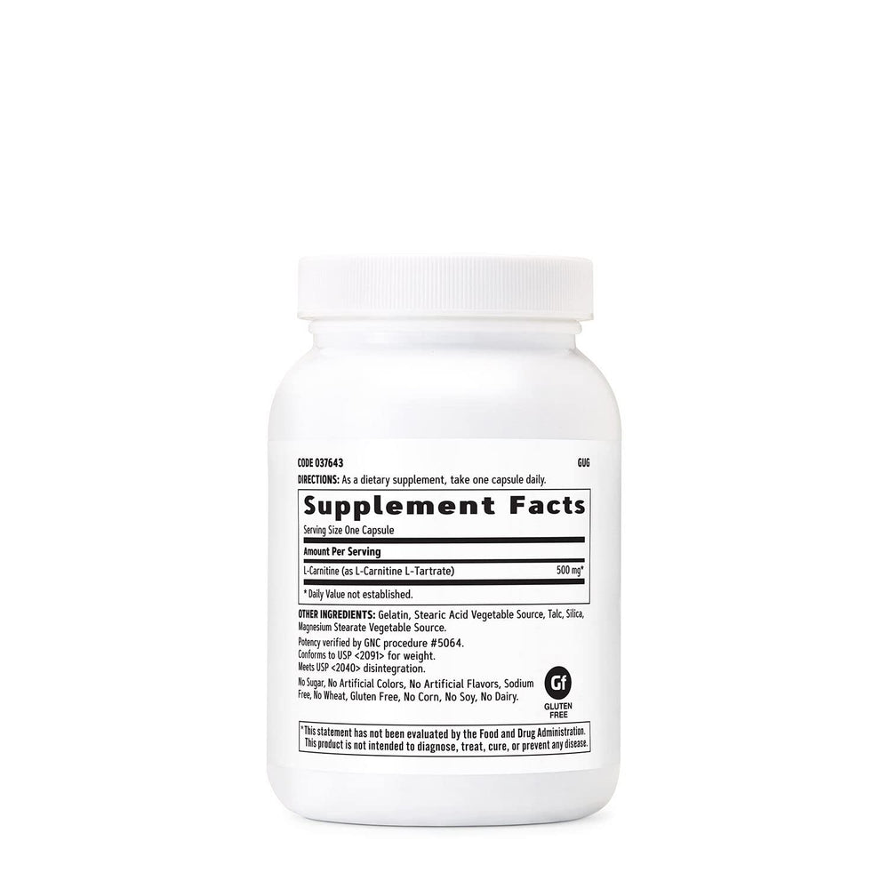 GNC L-Carnitine 500mg capsules pack on shelf for convenient daily use.