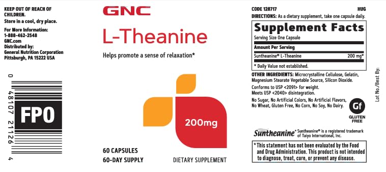GNC L-Theanine 200mg capsule close-up highlighting easy dosing.