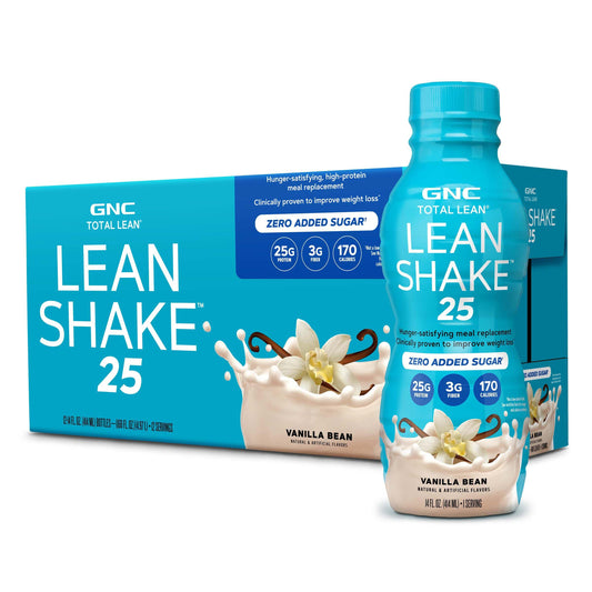 GNC Lean Shake 25 ready-to-drink vanilla bottle for a quick meal replacement.