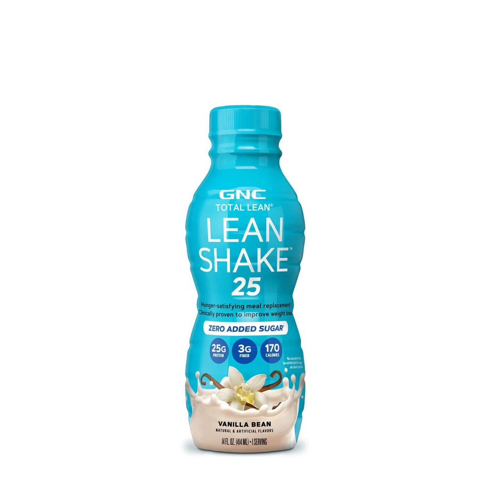 GNC Lean Shake 25 vanilla-bean closeup highlights creamy flavor.