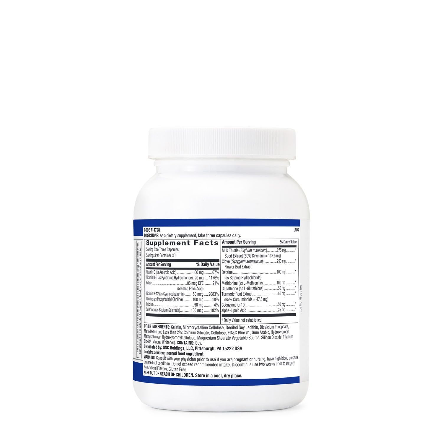 GNC Liver Health Formula label close-up highlighting glutathione and antioxidants
