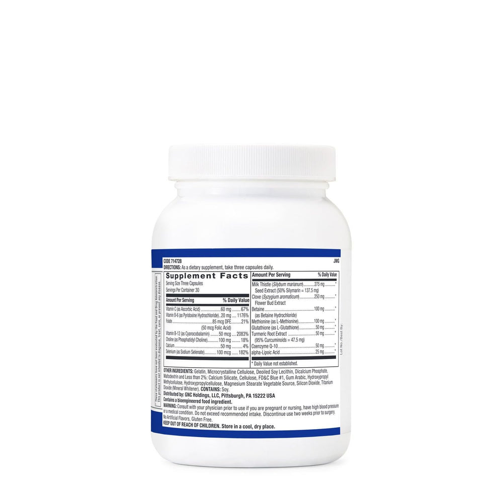 GNC Liver Health Formula label close-up highlighting glutathione and antioxidants