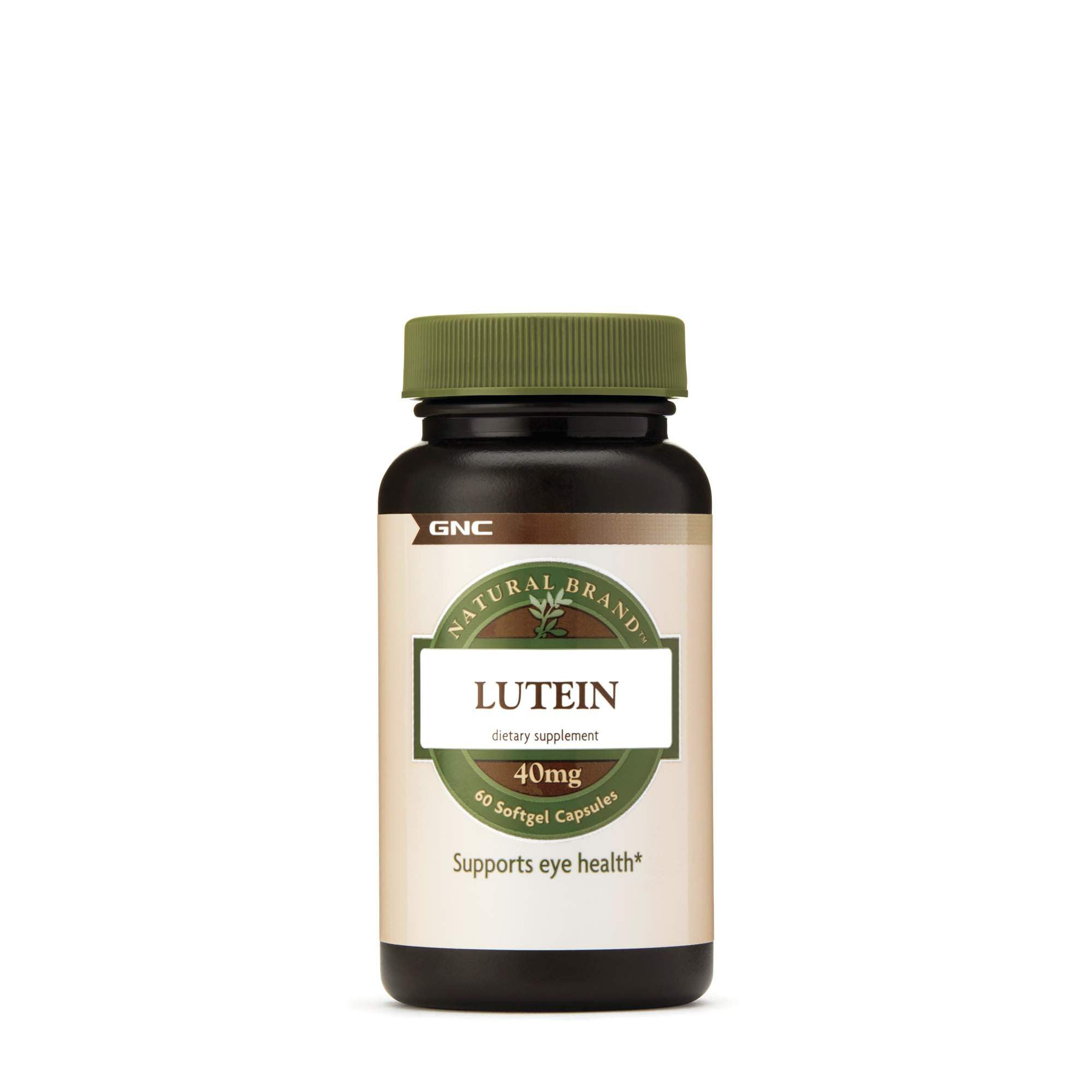 GNC Lutein 40mg softgels bottle highlights eye health support and antioxidant protection.