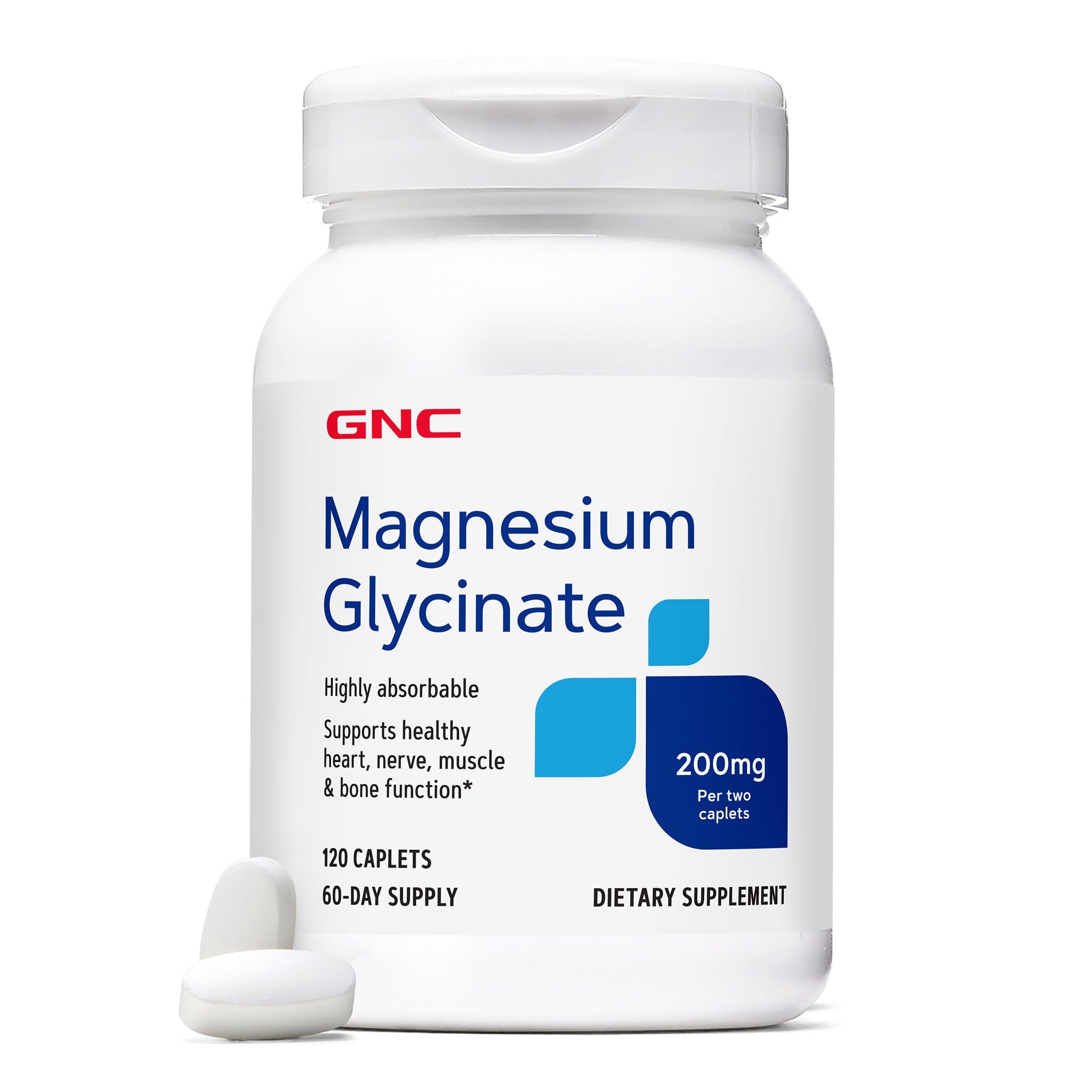 GNC Magnesium Glycinate caplets close-up; supports muscle and bone function for daily wellness